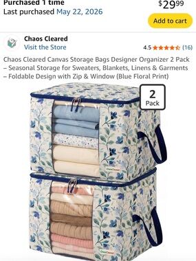 Blue Floral Canvas Storage Bags - 2 Pack